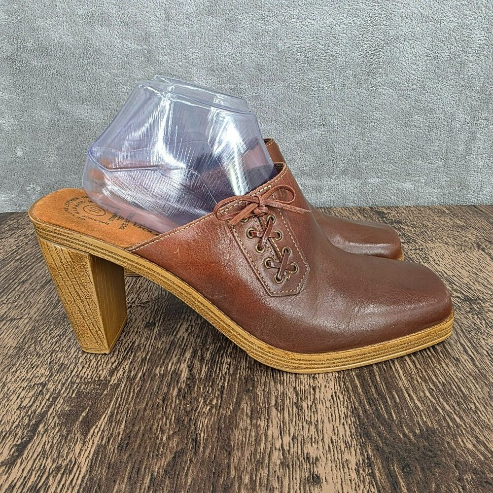 No Boundaries Vintage Mules Clogs Heels 10 Brown Square Toe Leather Y2K Side Tie - Picture 5 of 15